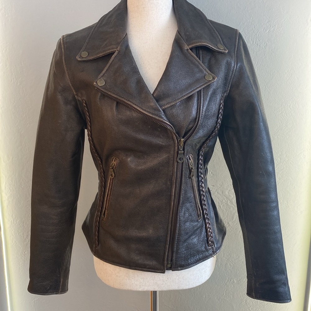 Vintage Chrome Gear Leather Motorcycle Jacket- Brown- Women Sz XS